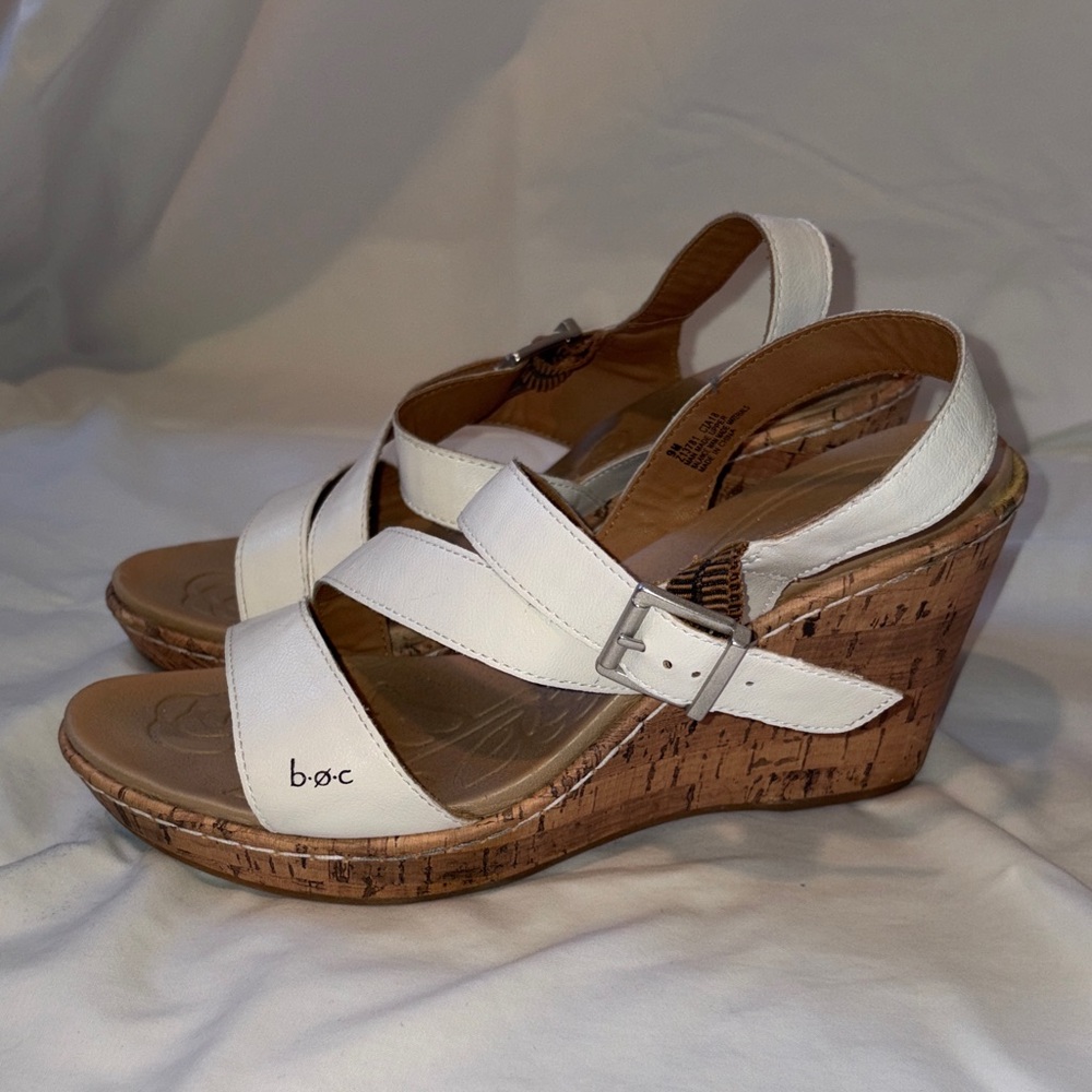 b.o.c. White Cork Wedge Sandals with Buckle Strap